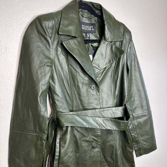 Olive Green Leather Trench Coat Badgley Mischka Women's Size XS NWT $499 - Picture 2 of 7
